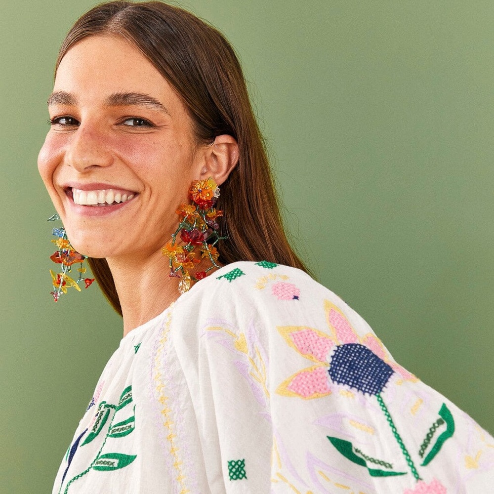 beaded floral tropical dangling earrings for FARM Rio Ad. - Picture 3 of 16